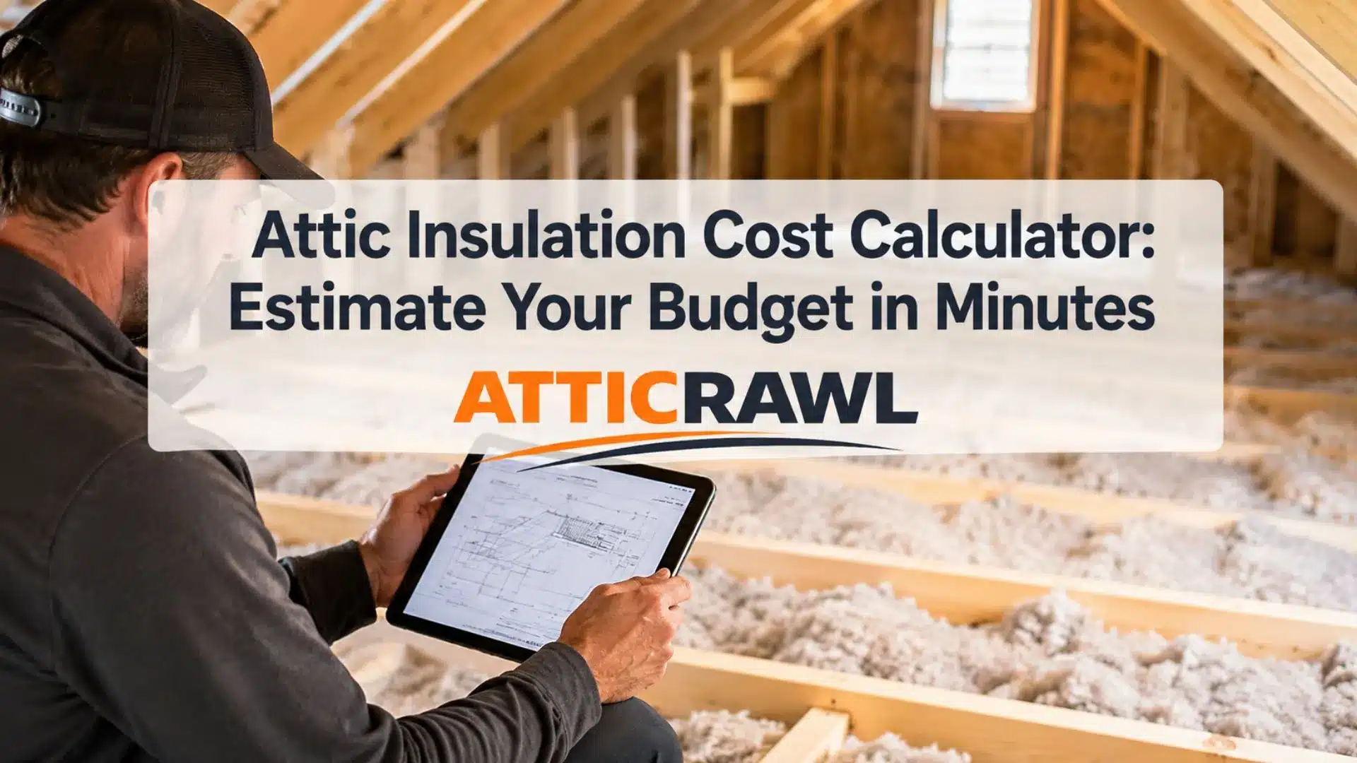 A contractor sits inside a wood-framed attic while reviewing insulation plans and measurements on a tablet. Loose-fill insulation is spread between the floor joists, with exposed rafters and attic framing visible throughout the space. The scene represents attic insulation cost planning, project measurement, and budget preparation before professional installation begins.