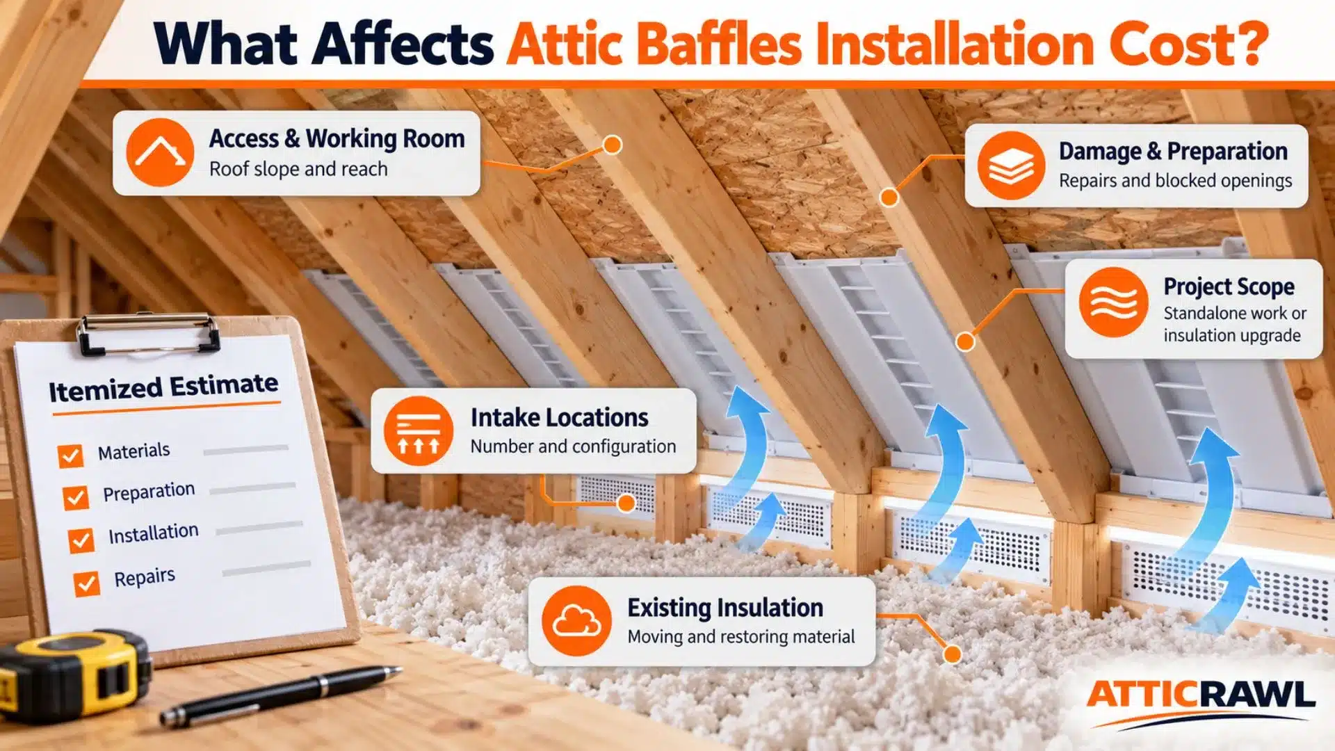 A residential attic shows multiple baffle channels installed between wooden roof rafters above loose-fill insulation, with blue arrows illustrating airflow from the soffit vents. Callouts identify cost factors such as intake configuration, restricted working space, existing insulation, damaged or blocked components, and the overall project scope. An itemized estimate checklist highlights materials, preparation, installation, and repairs, with a tape measure and pen shown nearby.