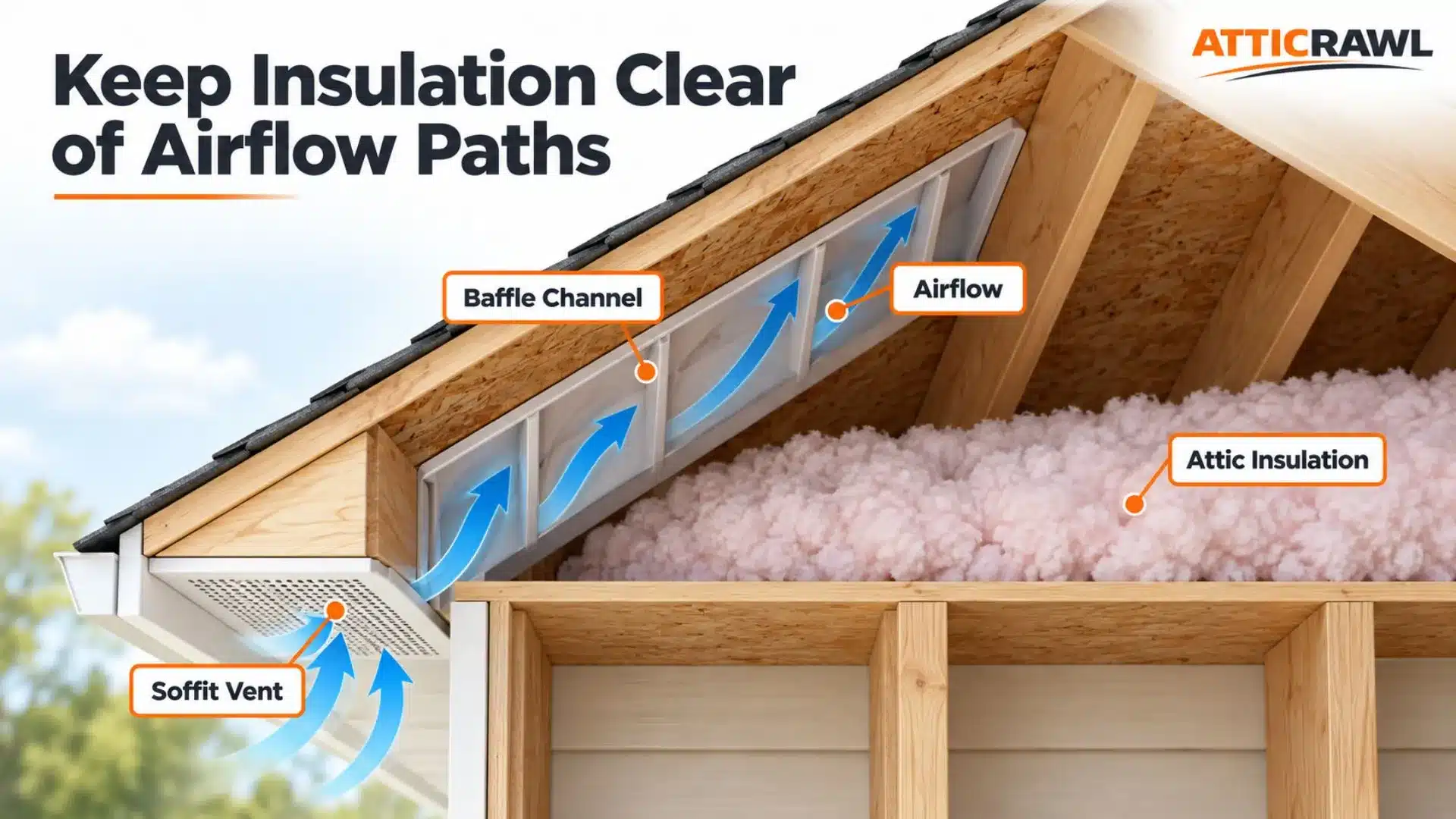 A cutaway attic diagram shows how outside air enters through a soffit vent and moves upward through a baffle channel beneath the roof deck. Blue arrows illustrate the ventilation path, while thick attic insulation remains below and clear of the channel. The labeled components show how soffit vents, baffles, and insulation work together to maintain airflow through a vented attic.