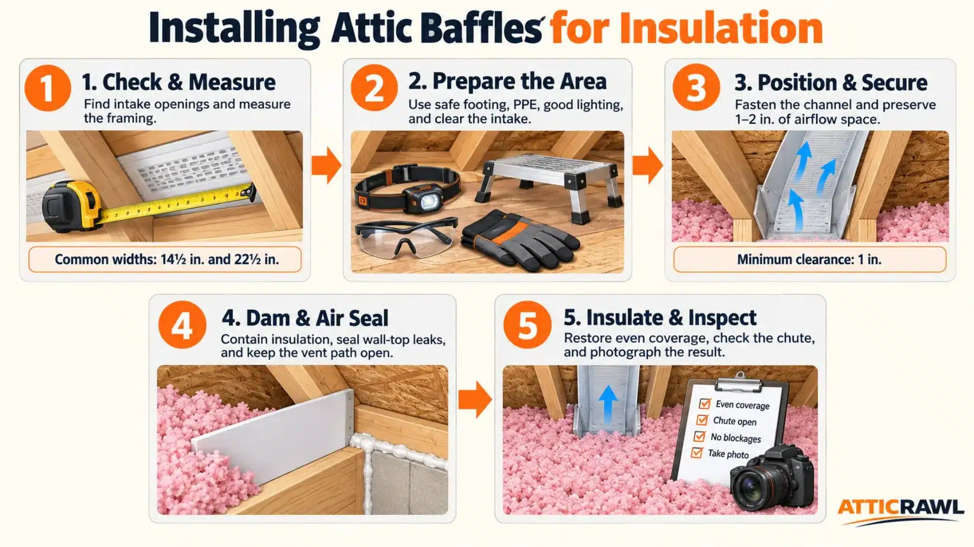 A five-step infographic explains how to install attic baffles before adding insulation. The sequence covers measuring rafter spacing and intake openings, preparing the workspace with protective equipment, securing the ventilation channel with proper airflow clearance, and adding an insulation dam with air sealing. The final step shows loose-fill insulation around an open baffle, along with a checklist and camera for documenting the completed installation.