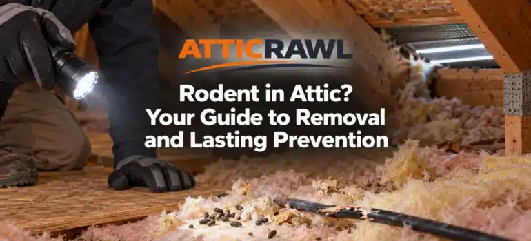 A gloved attic professional uses a flashlight to inspect signs of rodent activity inside a residential roof space. Rodent droppings, torn fiberglass insulation and a chewed electrical wire are visible in the foreground. Exposed wooden rafters and a gap near the roof vent show where rodents may enter the attic.