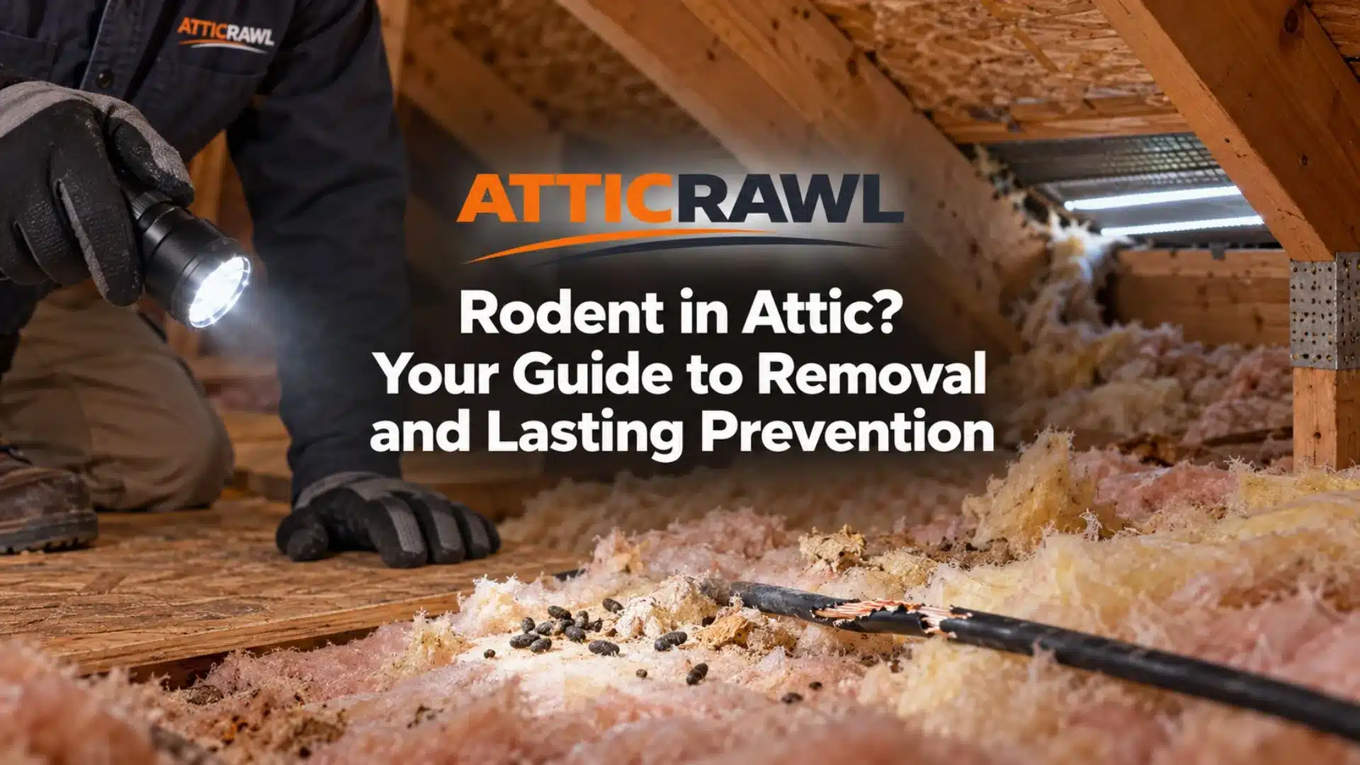 A gloved attic professional uses a flashlight to inspect signs of rodent activity inside a residential roof space. Rodent droppings, torn fiberglass insulation and a chewed electrical wire are visible in the foreground. Exposed wooden rafters and a gap near the roof vent show where rodents may enter the attic.
