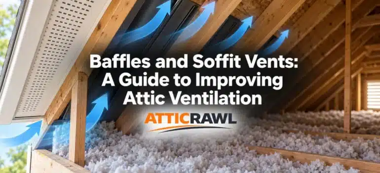 A residential attic shows soffit vents, roof rafters, ventilation baffles, and a thick layer of loose-fill insulation across the attic floor. Blue airflow arrows illustrate fresh air entering through the soffit vents and moving upward through the baffle channels along the underside of the roof. The open ventilation path keeps insulation away from the roof deck and allows intake air to travel through the attic toward upper exhaust vents.