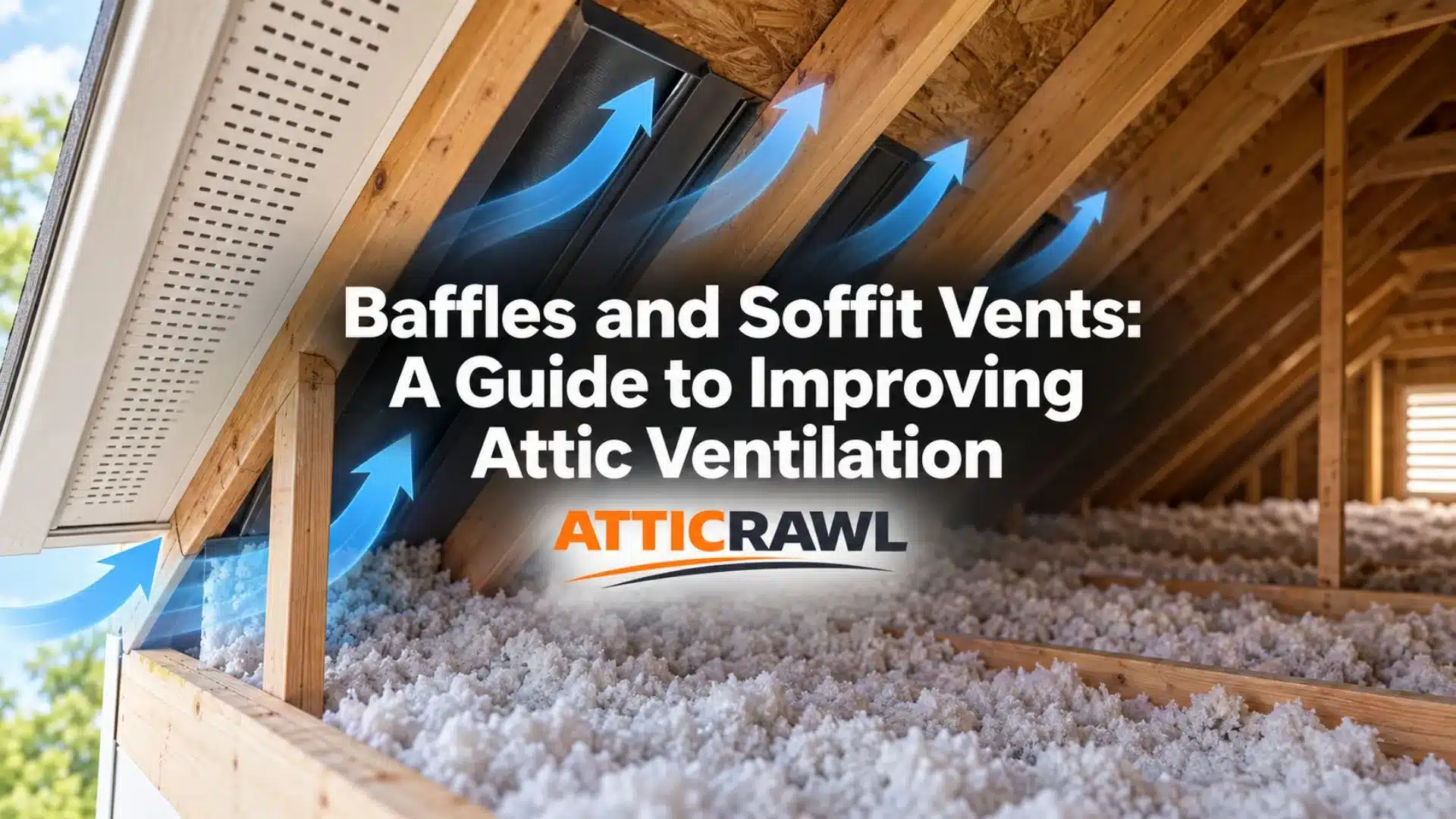 A residential attic shows soffit vents, roof rafters, ventilation baffles, and a thick layer of loose-fill insulation across the attic floor. Blue airflow arrows illustrate fresh air entering through the soffit vents and moving upward through the baffle channels along the underside of the roof. The open ventilation path keeps insulation away from the roof deck and allows intake air to travel through the attic toward upper exhaust vents.