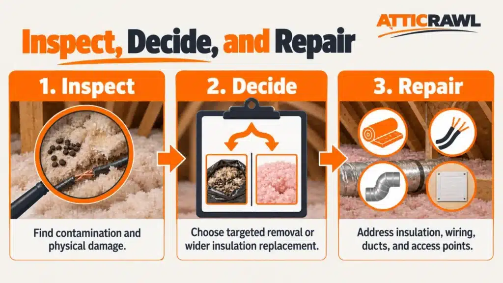 Three-step infographic showing how to assess and repair rodent damage in an attic. The inspection stage highlights droppings, contaminated insulation and chewed electrical wiring before comparing targeted removal with wider insulation replacement. The final stage covers repairs to attic insulation, wiring, air ducts and exterior access points