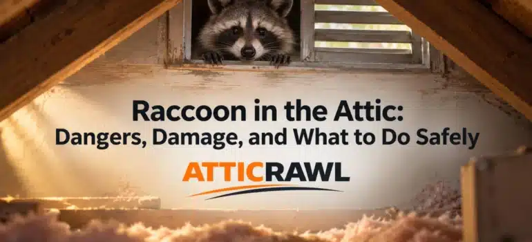 A raccoon peeks out from a small attic vent inside a house, with its front paws resting on the wooden opening and its face clearly visible. The attic interior has exposed wood beams, weathered trim, and soft warm lighting that highlights the enclosed space. Pink fiberglass insulation covers the foreground floor, which suggests a typical residential attic setting. The scene shows a wildlife intrusion inside the home and visually represents the risks of raccoons nesting in attic areas.