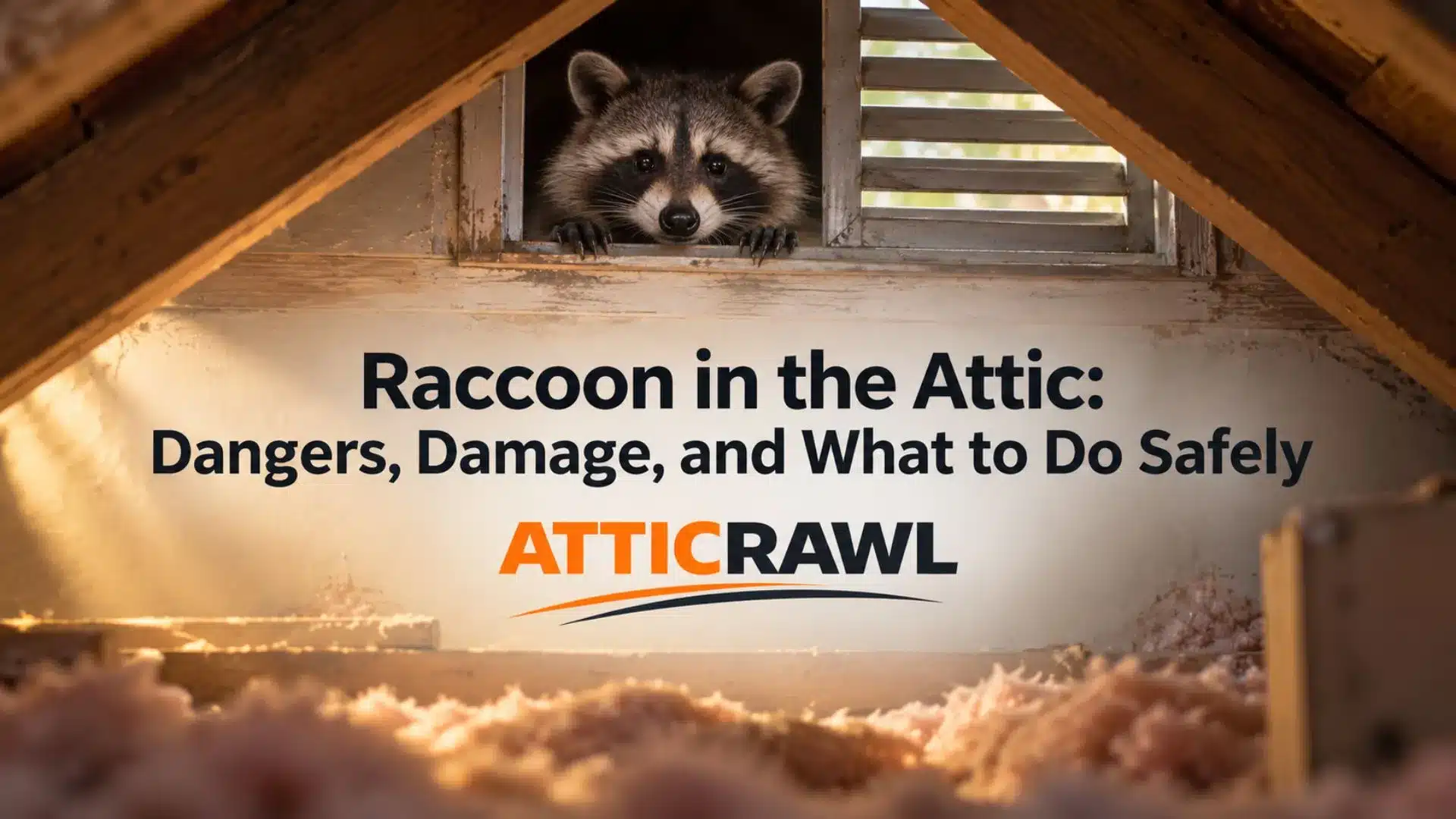 A raccoon peeks out from a small attic vent inside a house, with its front paws resting on the wooden opening and its face clearly visible. The attic interior has exposed wood beams, weathered trim, and soft warm lighting that highlights the enclosed space. Pink fiberglass insulation covers the foreground floor, which suggests a typical residential attic setting. The scene shows a wildlife intrusion inside the home and visually represents the risks of raccoons nesting in attic areas.