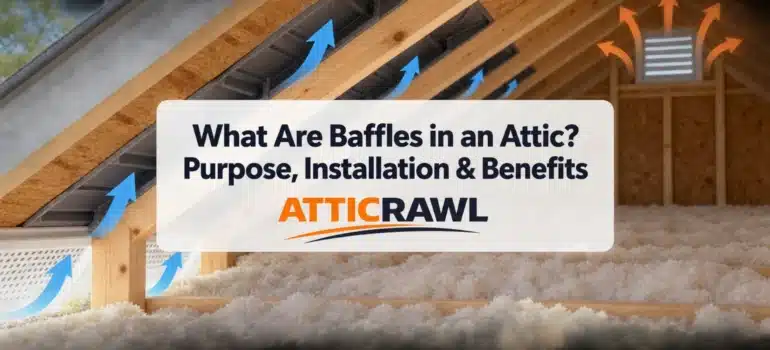 A residential attic contains dark baffle channels installed between wooden roof rafters above loose-fill floor insulation. Blue arrows show outdoor air entering through soffit vents and traveling upward through the protected channels, while orange arrows illustrate warm air exiting through an upper attic vent. The cross-section demonstrates how attic baffles preserve ventilation space and prevent insulation from blocking airflow near the eaves.