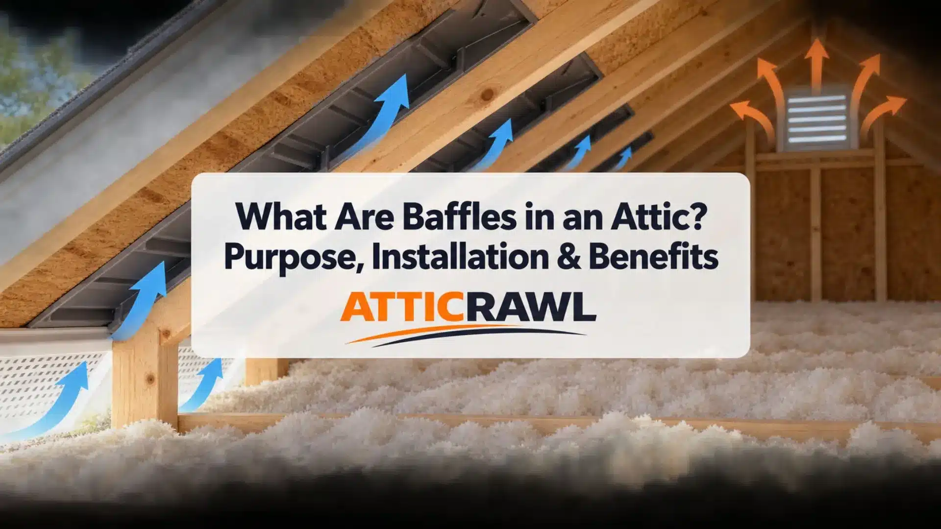 A residential attic contains dark baffle channels installed between wooden roof rafters above loose-fill floor insulation. Blue arrows show outdoor air entering through soffit vents and traveling upward through the protected channels, while orange arrows illustrate warm air exiting through an upper attic vent. The cross-section demonstrates how attic baffles preserve ventilation space and prevent insulation from blocking airflow near the eaves.