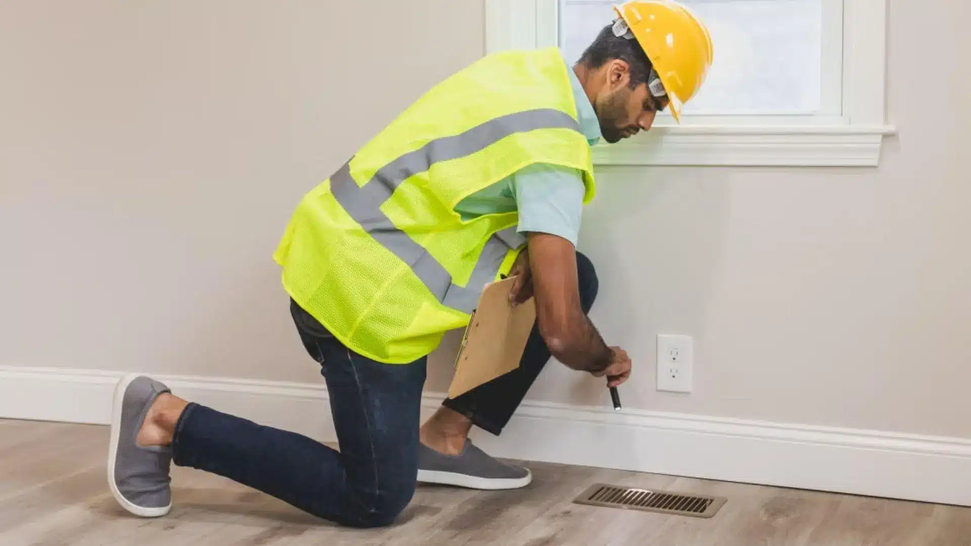 A home inspector kneels beside a floor vent while examining the area near a wall, holding a clipboard and pen. Air sealing around vents, pipes, cables, and access points helps reduce unwanted outside air entering a crawl space. Proper sealing is an important part of crawl space encapsulation because it supports moisture control and helps maintain more stable conditions beneath the home.