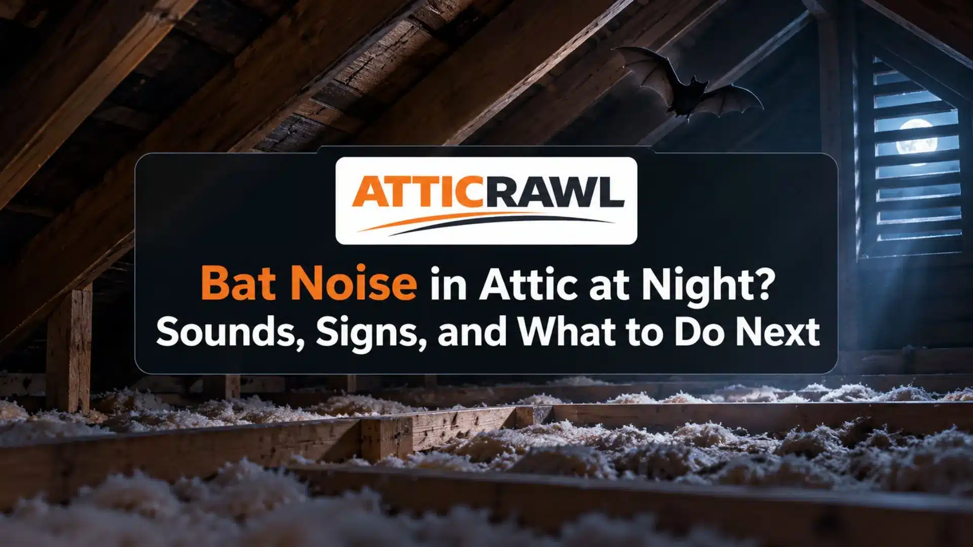 A nighttime attic scene shows exposed wooden rafters and insulation across the floor. A bat appears near the roof beams, and moonlight shines through a louvered vent on the right. A dark panel sits across the center of the image.