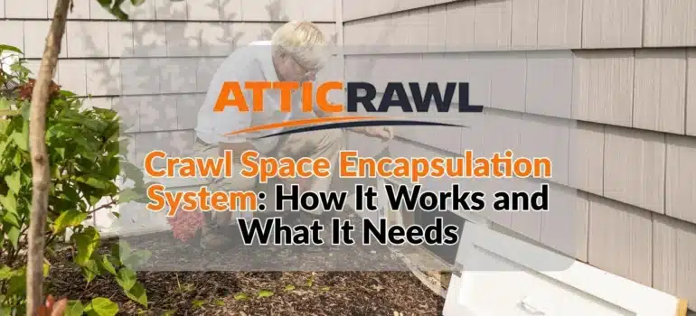 A homeowner or inspector examines a crawl space access opening along the exterior wall of a house. The image introduces crawl space encapsulation systems and how they help manage moisture beneath a home. The process can involve ground moisture barriers, air sealing, insulation, and humidity control, depending on the condition of the crawl space. The Atticrawl logo and article title appear over the inspection scene.