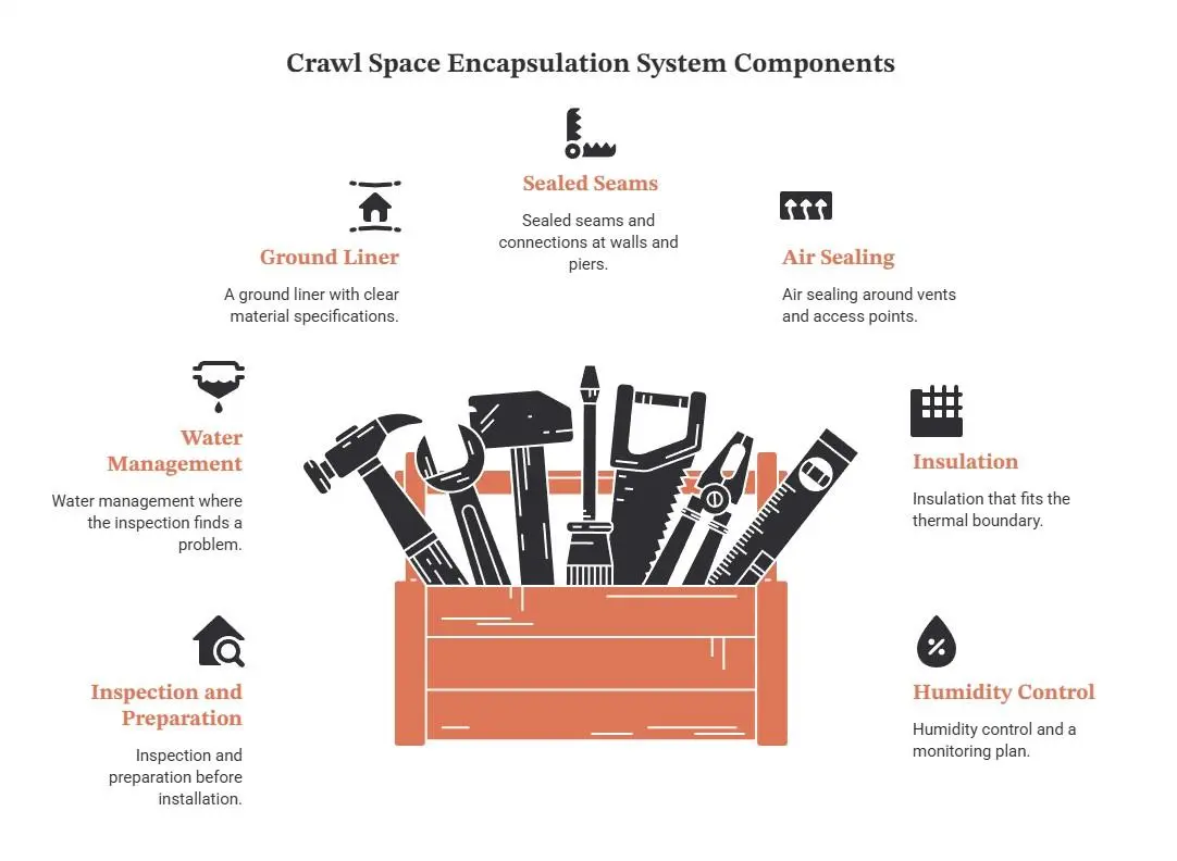 An infographic outlining the seven key components of a crawl space encapsulation system. These include a ground liner, sealed seams, air sealing, insulation, humidity control, water management, and inspection and preparation. Together, these components help reduce moisture intrusion, control humidity, and improve conditions beneath a home. Proper installation and ongoing monitoring help maintain the effectiveness of the encapsulation system.